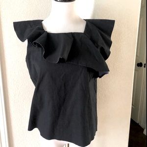 Kate Spade Cotton Top Saturday Navy Square Neck Medium Raw Hem Ruffle